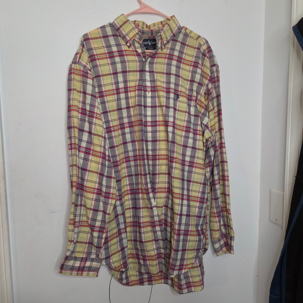 Ralph Lauren Blake Mens Large Plaid Button Down Shirt Yellow Red Cotton Long Slv